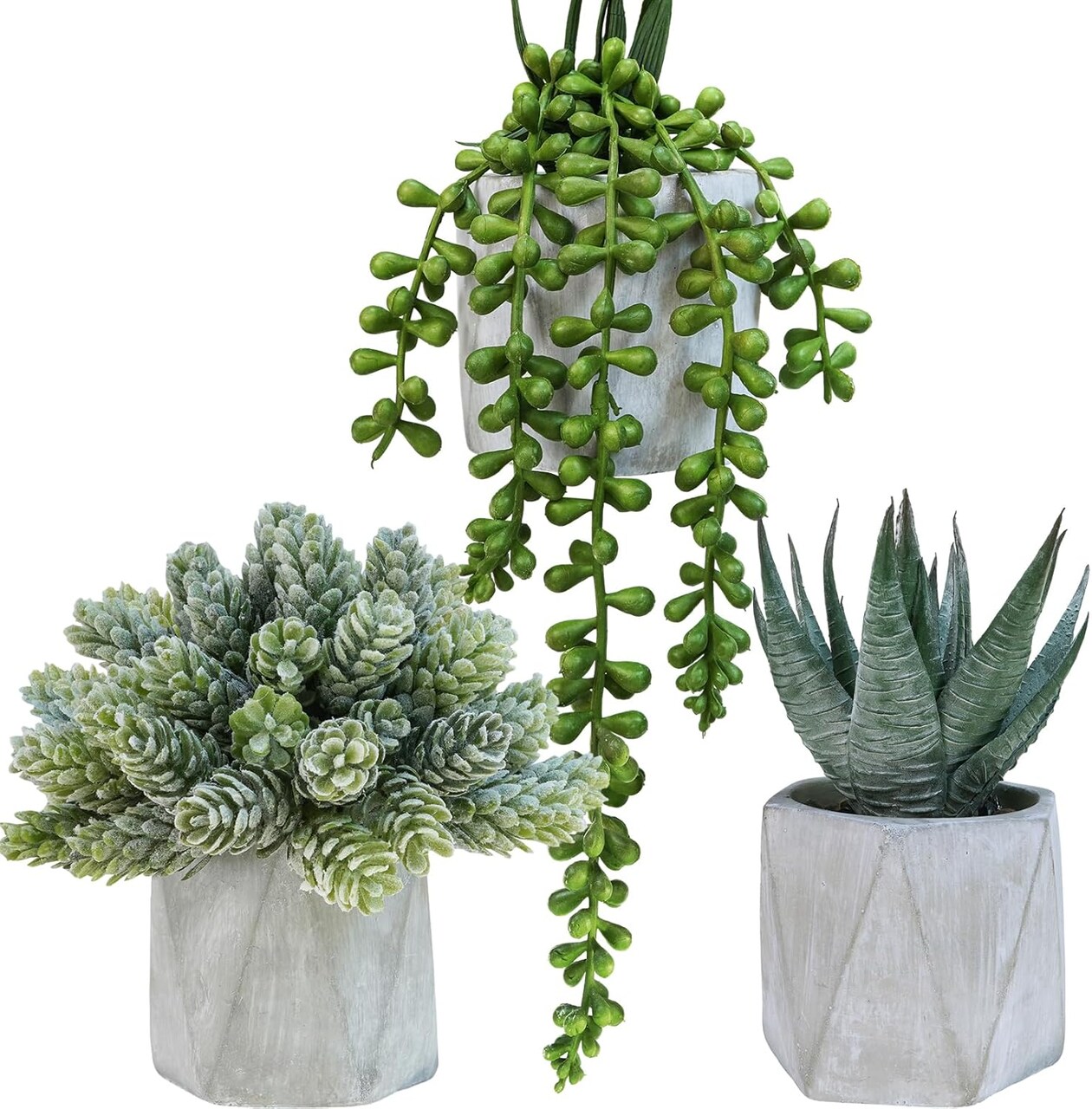 Set of 3 Mini Artificial Succulents in Gray Hexagon Ceramic Pots – Faux Small Potted Aloe, Hops & String of Pearls Plants for Modern Home, Office Desk, Kitchen & Shelf Decor